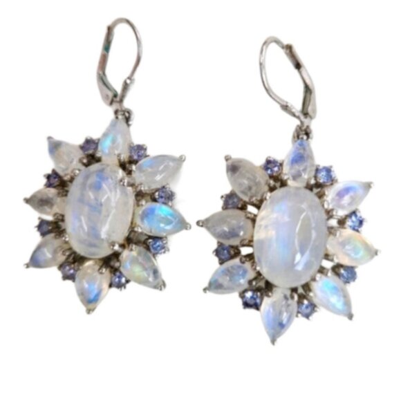 Vintage Chunky Boho Sterling Silver Moonstone Tanzanite Drop Dangle Earrings - Picture 1 of 9